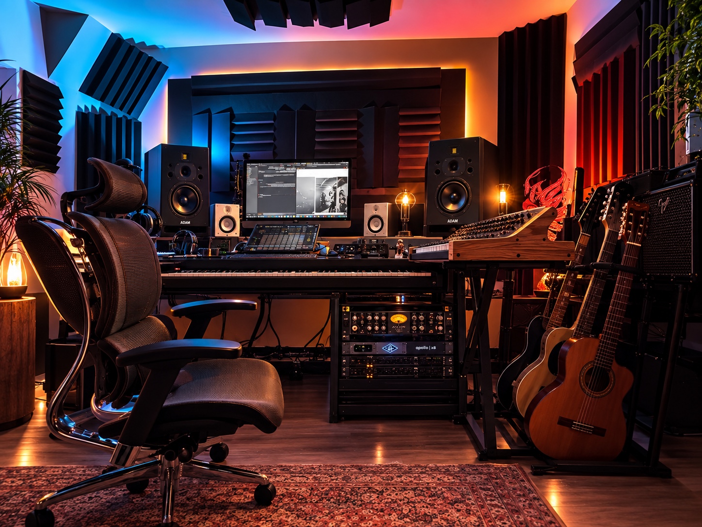 Majid Kazemi production studio with mixing desk, speakers, keyboards and guitars in Düsseldorf